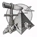 Japanese katana stuck top of Egyptian pyramid with roman empire culture, no man  tattoo design idea