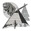 Japanese katana stuck top of Egyptian pyramid with roman empire culture, no man  tattoo design idea