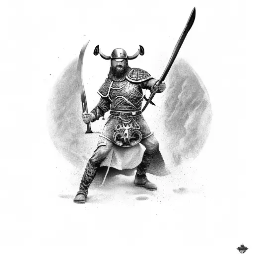 A majestic Viking warrior wielding a battle axe tattoo design idea