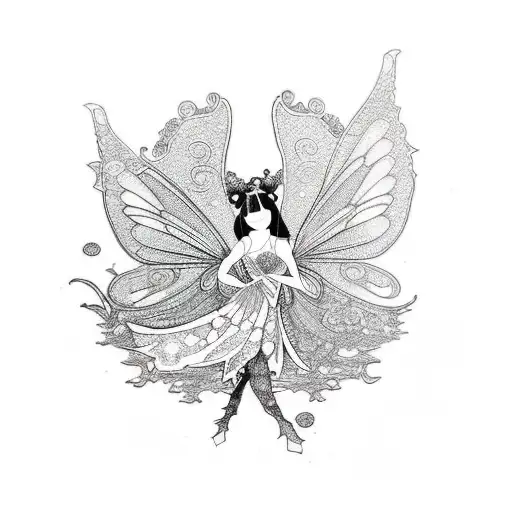 A dotwork tattoo of a fairy dancing with historical figures from different eras tattoo design idea