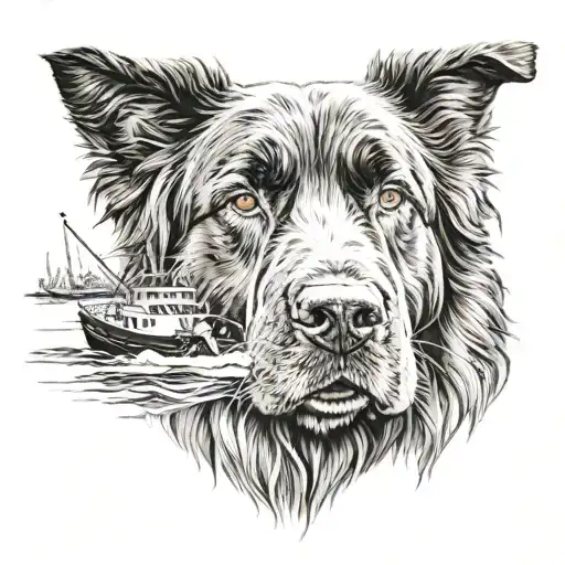 Newfoundland Dog Face only with a image of a boat in one eye and a vision of a wharf with 2 people fishing in the other tattoo design idea