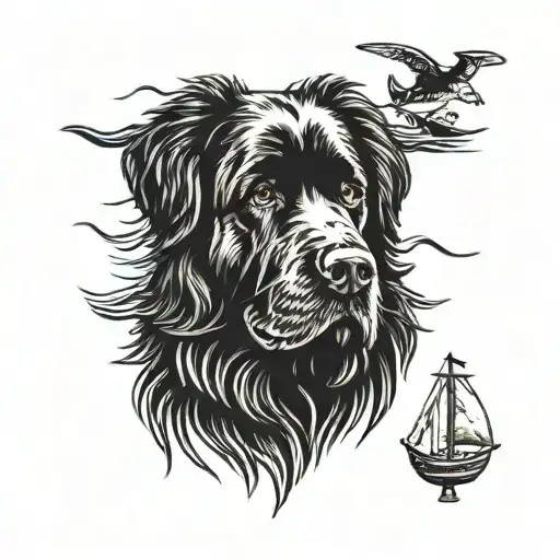 Newfoundland Dog Face only with a image of a boat in one eye and a vision of a wharf with 2 people fishing in the other tattoo design idea