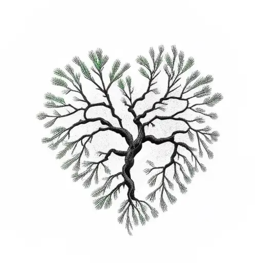 pine tree with roots creating veins on a heart tattoo design idea