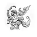 greek arm tatoo with hercules half and clock half colussium and a horse with wings for arm tattoo design idea