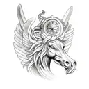 greek arm tatoo with hercules half and clock half colussium and a horse with wings for arm tattoo design idea