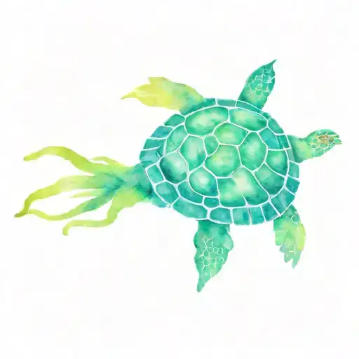 A marijuana leaf morphing into a swimming sea turtle in a watercolor style  tattoo design idea