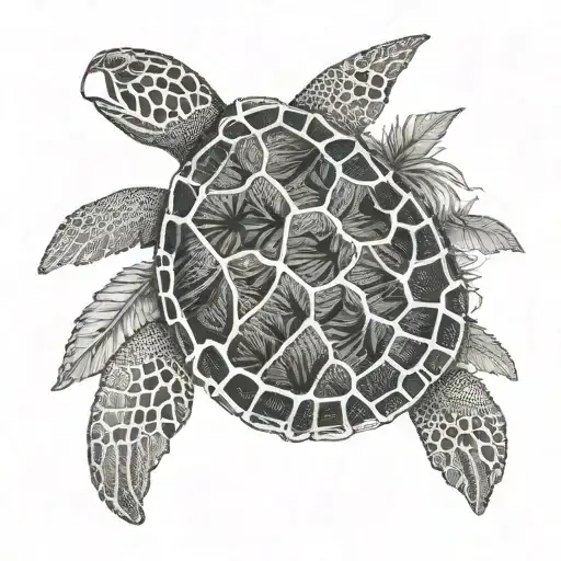 A marijuana leaf morphing into a swimming sea turtle in a dotwork style tattoo design idea