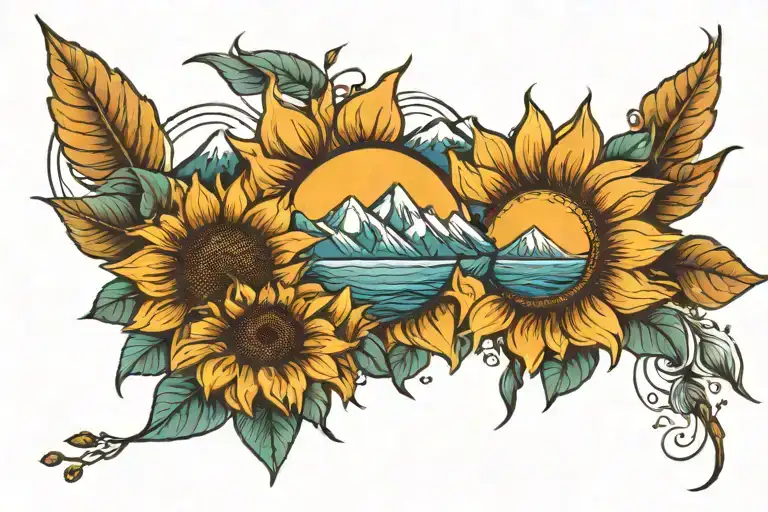 Mountain range that turns into the ocean with a sunflower raising up like the sunrise behind the mountains tattoo design idea