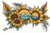 Mountain range that turns into the ocean with a sunflower raising up like the sunrise behind the mountains tattoo design idea