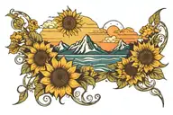 Mountain range that turns into the ocean with a sunflower raising up like the sunrise behind the mountains tattoo design idea