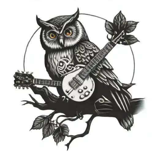 An owl perched on a tree branch with a guitar in its talons tattoo design idea