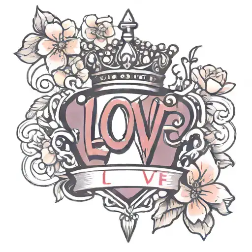 A new-school style design of a princess crown with a modern twist, adorned with cherry blossom petals and a ribbon that says 'love' tattoo design idea