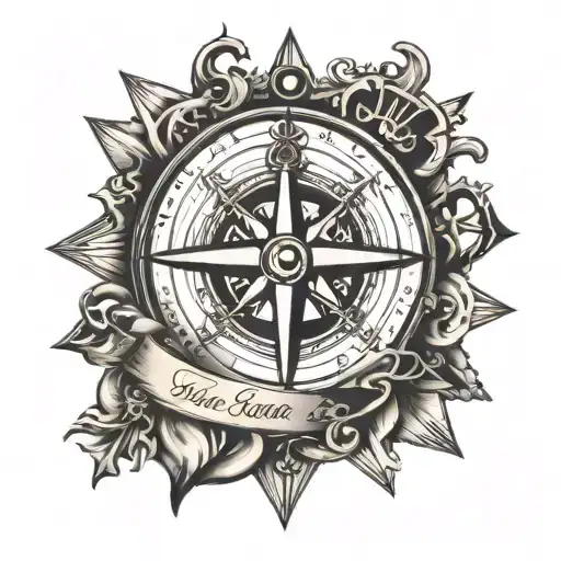 compass rose with anchor and a scroll rolled up with a king's crown seal tattoo design idea