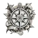 compass rose with anchor and a scroll rolled up with a king's crown seal tattoo design idea