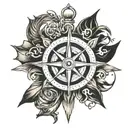 compass rose with anchor and a scroll rolled up with a king's crown seal tattoo design idea
