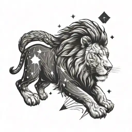 A space-themed tattoo with a majestic lion gazing at the stars, symbolizing exploration and ambition tattoo design idea