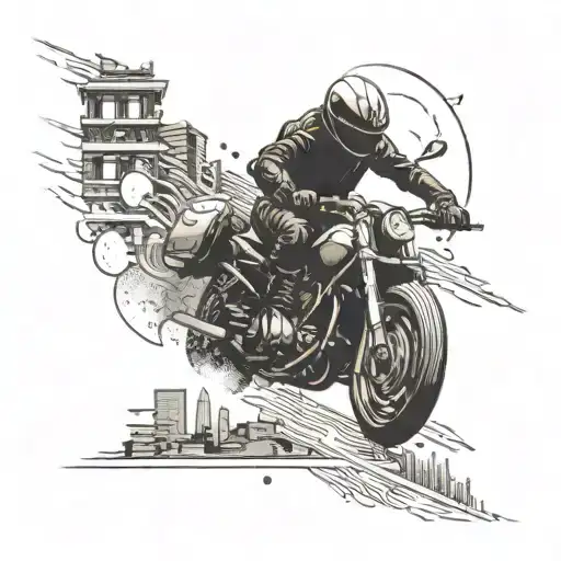 A motorcycle speeding through a cityscape at night, with martial arts symbols subtly integrated into the background tattoo design idea