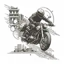 A motorcycle speeding through a cityscape at night, with martial arts symbols subtly integrated into the background tattoo design idea