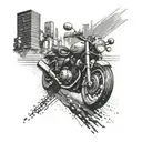 A motorcycle speeding through a cityscape at night, with martial arts symbols subtly integrated into the background tattoo design idea