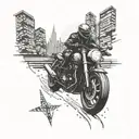 A motorcycle speeding through a cityscape at night, with martial arts symbols subtly integrated into the background tattoo design idea