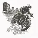 A motorcycle speeding through a cityscape at night, with martial arts symbols subtly integrated into the background tattoo design idea