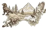 a landscape scene featuring several animals: a gorilla, an eagle, an owl, and a wolf tattoo design idea