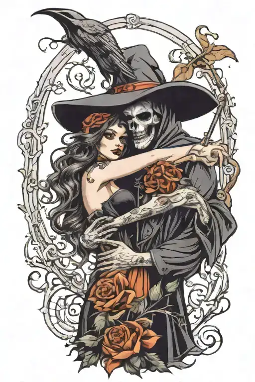 A beautiful witch embracing a handsome reaper holding a bouquet tattoo design idea