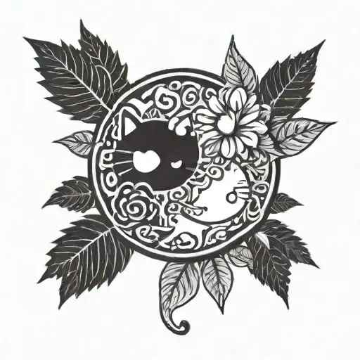 A yin yang symbol with a marijuana leaf on one side and a Hello Kitty face on the other tattoo design idea