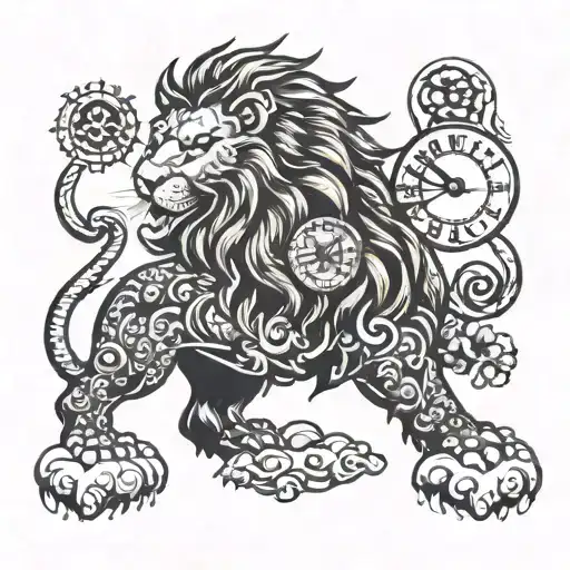 lion and clock tattoo design idea