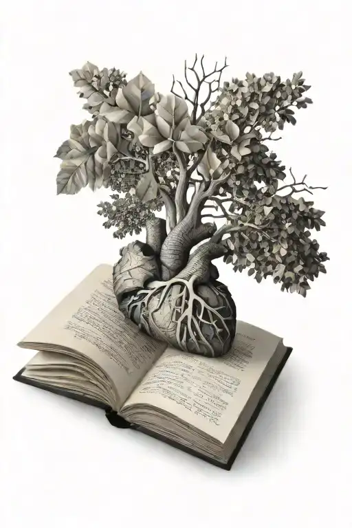 an open book with pages turning. above it is a realistic image of a human heart. above it is a tree with a bare tattoo design idea