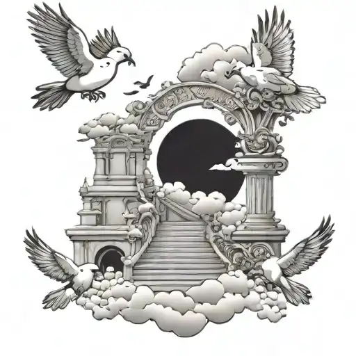 Create a tattoo design that says JEIMI 1998-2019 with clouds and doves and a stairway to even tattoo design idea