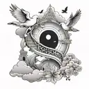 Create a tattoo design that says JEIMI 1998-2019 with clouds and doves and a stairway to even tattoo design idea