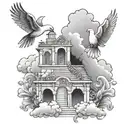 Create a tattoo design that says JEIMI 1998-2019 with clouds and doves and a stairway to even tattoo design idea