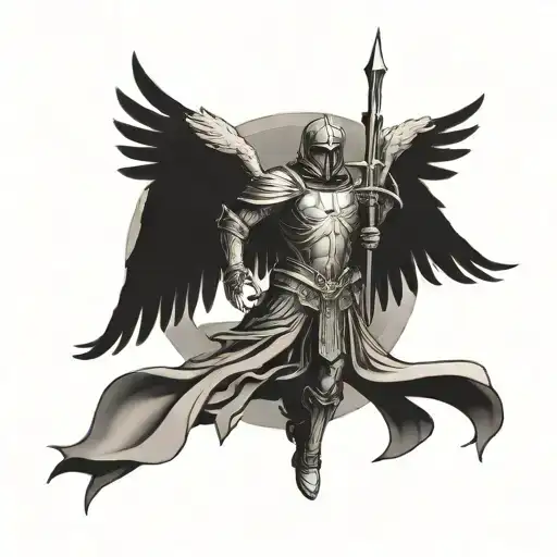 negative space with archangel in battle half sleeve  tattoo design idea