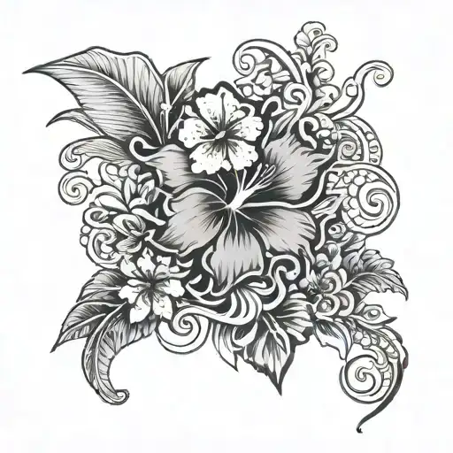 A black-grey sketch of a Hawaiian ohana symbol surrounded by intricate hibiscus flowers and marine life, encapsulating the client's connection to family, Hawaiian culture, and the ocean tattoo design idea