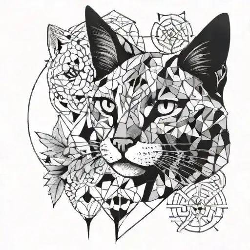 A geometric design of a cat in a meditative pose, surrounded by symbols of peace and growth, symbolizing inner peace and self discovery tattoo design idea