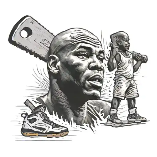 Realistic portrait of Michael Jordan holding a saw and hammer tattoo design idea