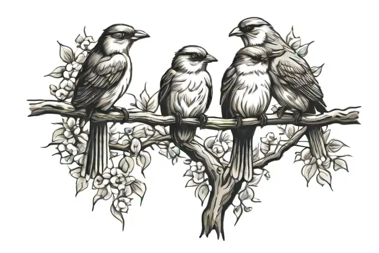bird family on branch tattoo design idea
