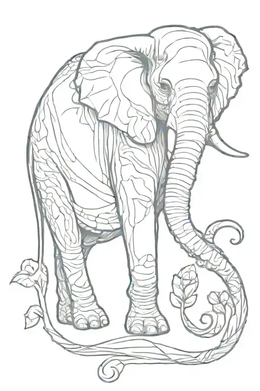 elephant line work tattoo where trunk flows into script words "unyielding resilience, power strength and beauty" tattoo design idea