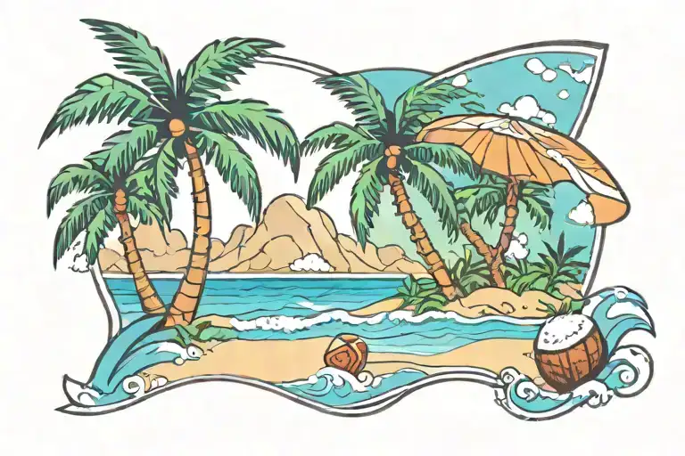 beach scene with coconut tree  tattoo design idea