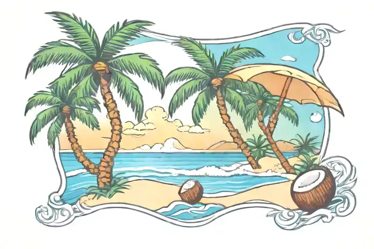 beach scene with coconut tree  tattoo design idea