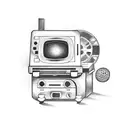 A retro video game console fused with a film projector, representing the client's interests in gaming and cinema tattoo design idea