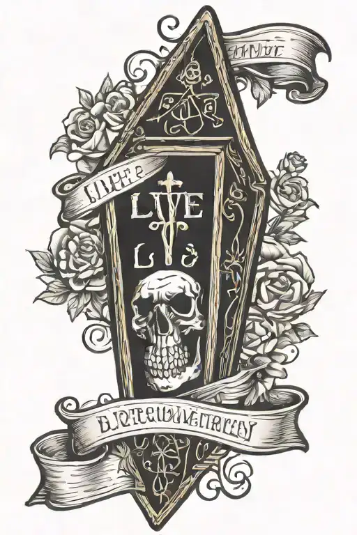 coffin with the words "live deliciously" tattoo design idea