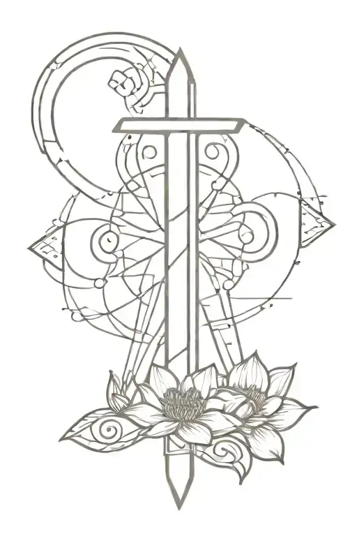 thin spine tattoo with symbols like an ankh, god is greather than any high and low, horus eye and a lotus flower in a ro tattoo design idea