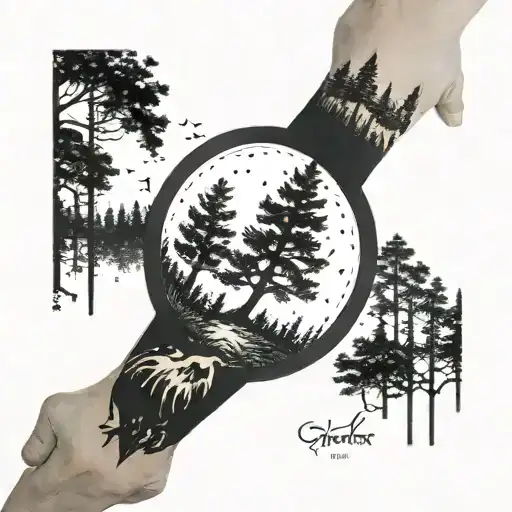 Long forearm Vertical tattoo with a forest scene at the bottom and changing to the galaxy at the top tattoo design idea