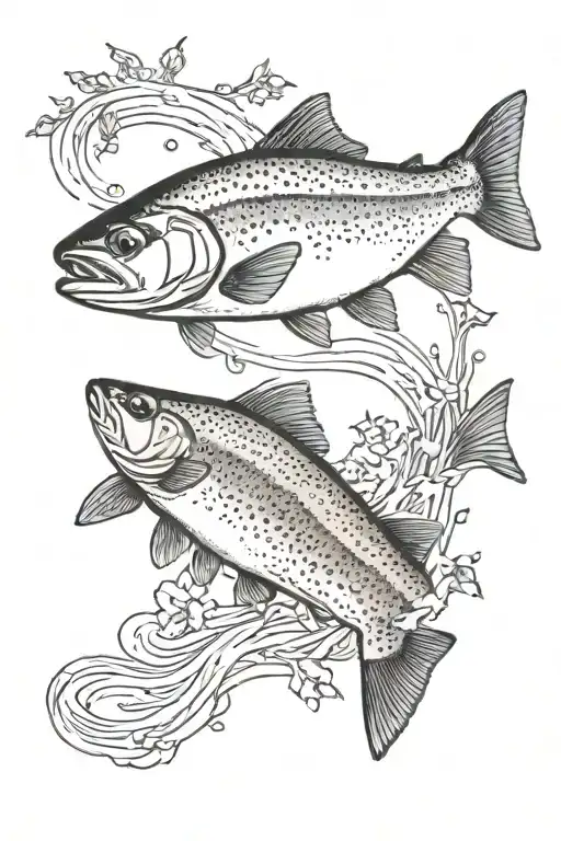 rainbow trout jumping, hemlock tree, river,  tattoo design idea