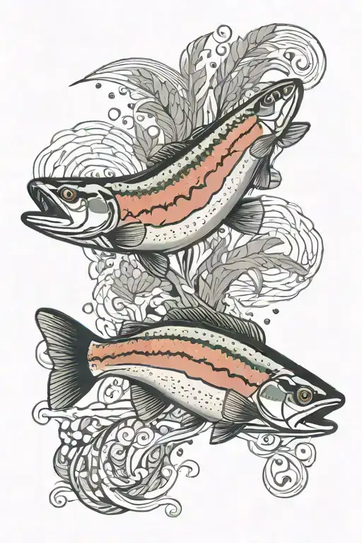 rainbow trout jumping, hemlock tree, river,  tattoo design idea