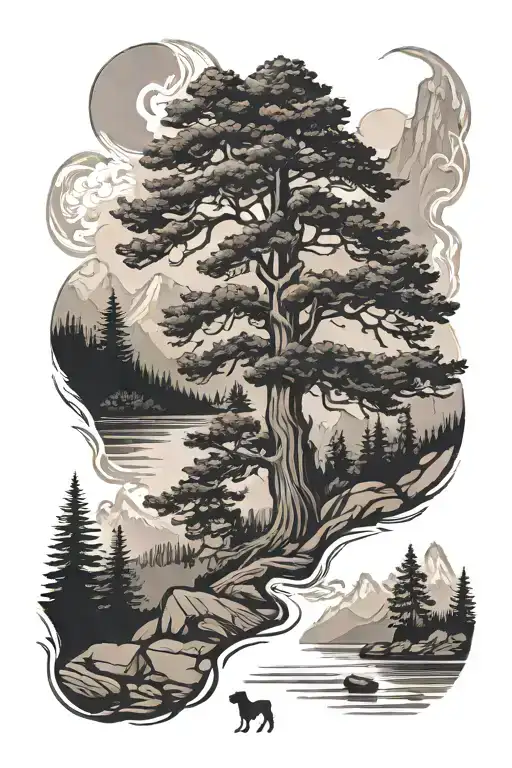  hemlock tree, mountain, river, dog paws  tattoo design idea