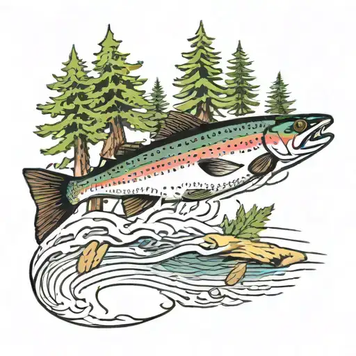 rainbow trout jumping, hemlock tree, river,  tattoo design idea