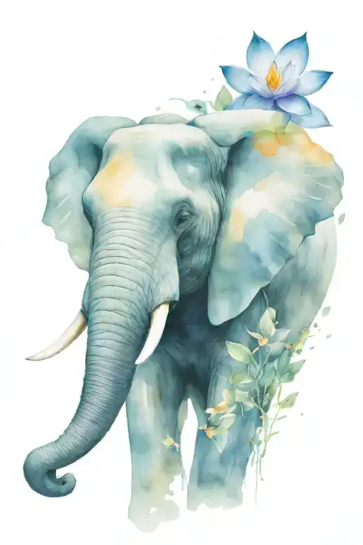 forward facing elephant head with lotus flower blooming on front of head tattoo design idea